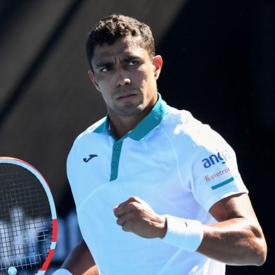 Brazil's Thiago Monteiro reacts on a point against Australia's Matthew Ebden during their Great Ocean Road Open men's singles match in Melbourne on February 3, 2021. (Photo by William WEST / AFP) / -- IMAGE RESTRICTED TO EDITORIAL USE - STRICTLY NO COMMERCIAL USE --